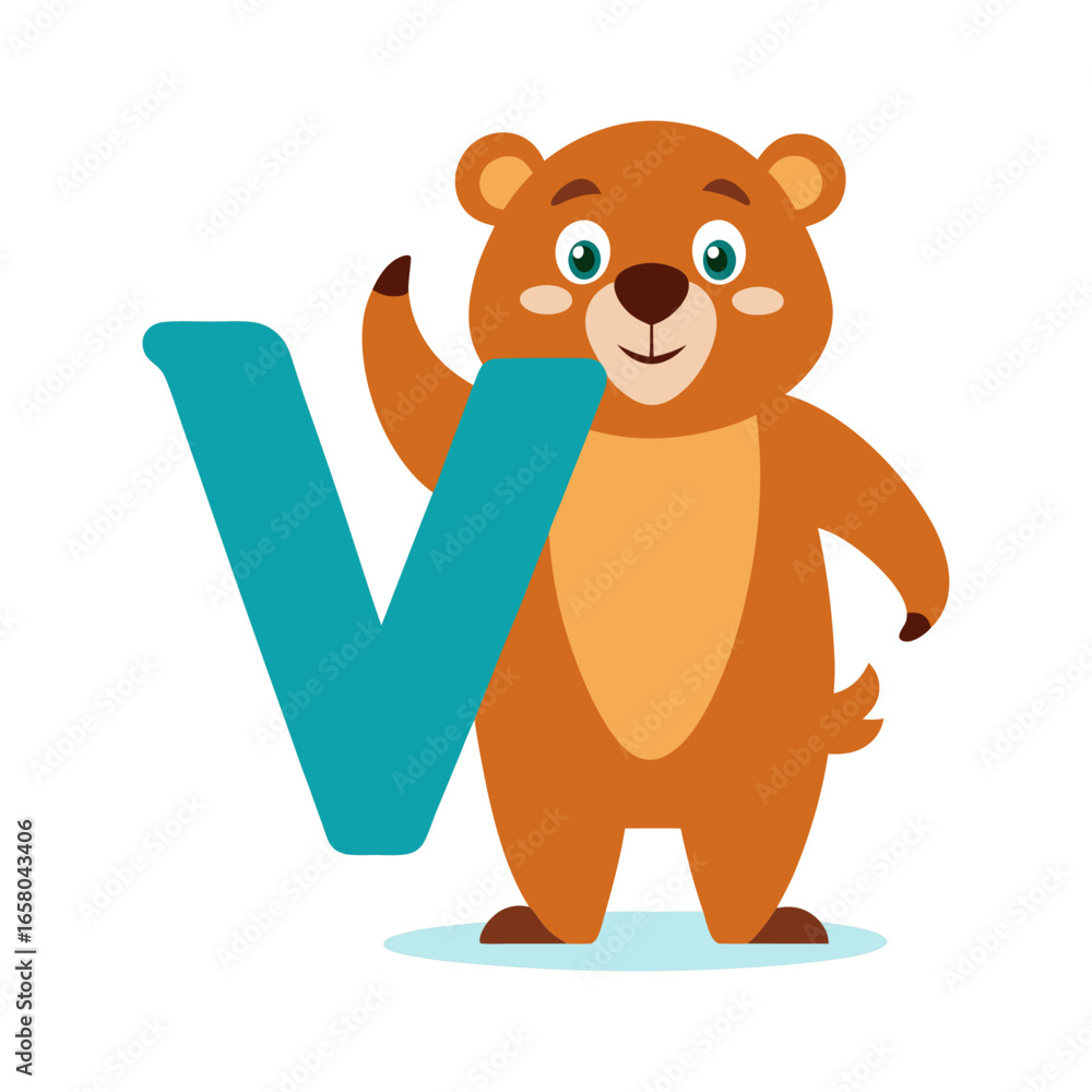 Fototapeta premium Playful Bear Character with Big Alphabet V | Fun Kids Animal Letter Illustration for Children’s Books, Preschool Learning and Education