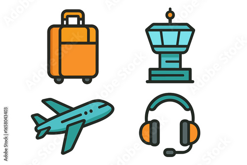 Air travel icon set with airplane, luggage, control tower, and pilot headset. Vector cartoon illustration of aviation symbols for tourism and flight concepts on transparent background.
