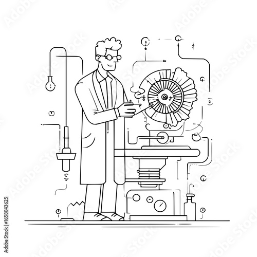 Scientist in lab studying complex machine with intricate details and scientific equipment shown here now