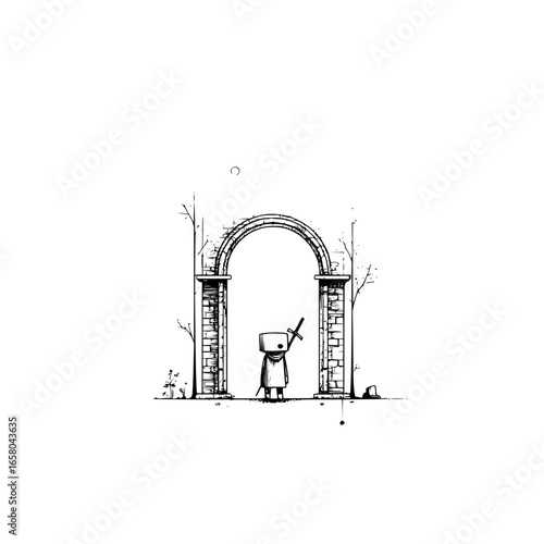 A lone warrior stands before an ancient stone archway holding a sword high in the air bravely