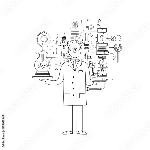 Scientist with complex machinery and flask creating a new lifeform experiment lab 100 char