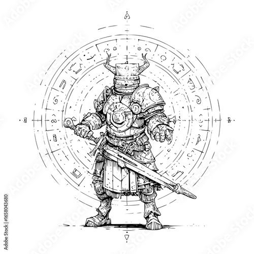 Illustration of a knight in armor with a sword and a mystical circle background design