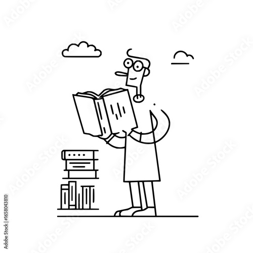 Man reading a book standing next to a stack of books with clouds in the background scene is drawn 100