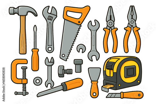 Big set of construction tools for repair and maintenance work. Collection of vector cartoon icons includes hammer, wrench, saw, screwdriver, clamp, pliers and tape measure.