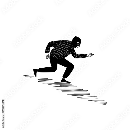 Criminal fleeing down stairs in a mask and striped shirt in black and white illustration
