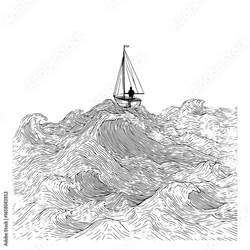 A lone sailor navigates turbulent waters in a small boat on a vast and wavy ocean drawing with lines