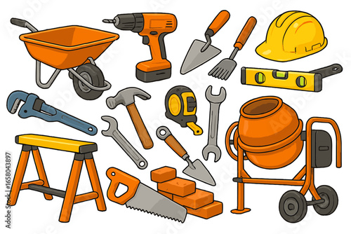 Collection of construction tools and equipment for building tasks. Vector cartoon set with hammer, drill, saw, cement mixer, and hard hat for repair, renovation or DIY.