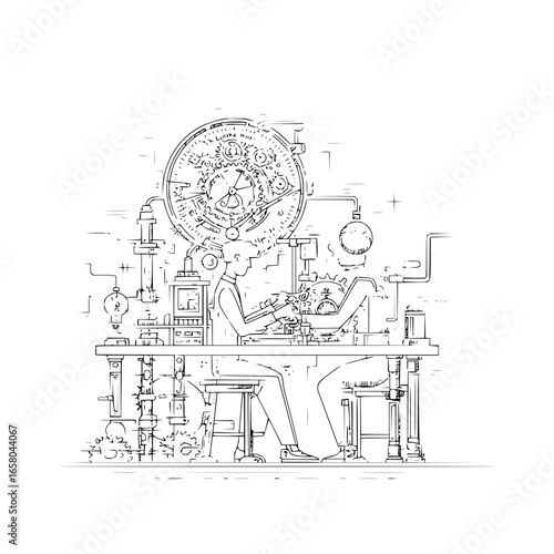 Conceptual illustration of clockwork mechanism design and collaborative engineering process shown