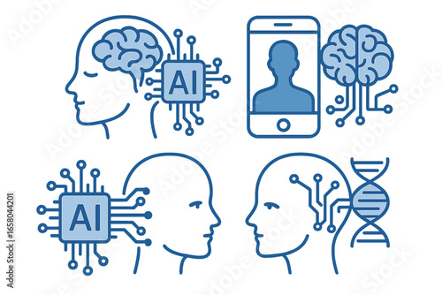 Artificial intelligence connecting to human biology and mind. AI technology icon set. Concepts of machine learning, cyborg, digital brain, bionic future and dna integration.