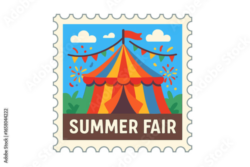 Summer fair postage stamp with a colorful circus tent. Vector cartoon illustration for a festival, carnival, or community event. Festive entertainment and celebration concept.