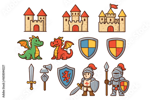 Medieval fantasy icon set. Cute cartoon collection with knight, dragon, castle, shield, sword, and axe. Vector illustration for game assets, stickers or kids design.