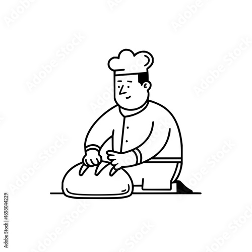 Baker kneading bread dough illustration in simple outline style with chef hat and uniform design 100
