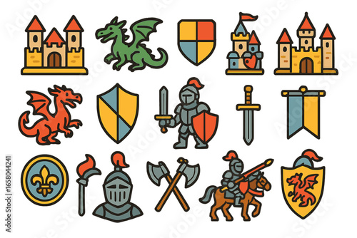 Set of medieval fantasy icons. Cartoon knight, dragon, castle, shield, sword, armor. Fairytale heraldic elements for game assets or history graphic. Vector illustration.