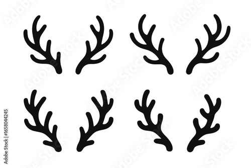 Reindeer antlers vector icon set for Christmas. Festive holiday silhouette. Deer horn design element. Xmas animal decoration. Winter celebration graphic. Cartoon black outline.