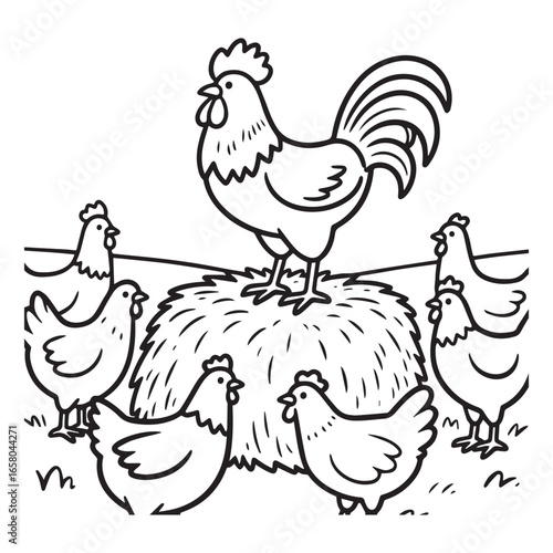  A rooster standing proudly on a haystack silhouette vector design. 