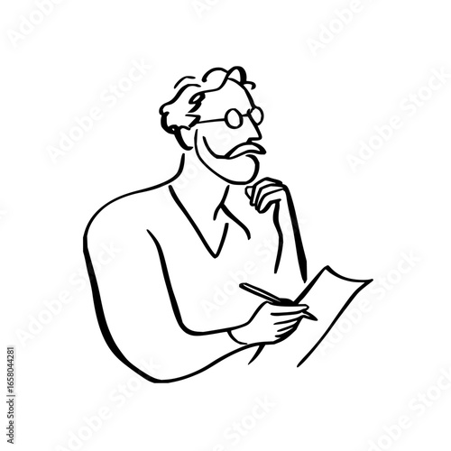 Man with glasses writing on paper in a thoughtful pose is depicted in a line drawing