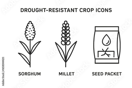Drought-resistant crop icons. Sorghum, millet, and seed packet outline icon set. Sustainable agriculture and smart farming vector. Climate change adaptation, food security concept.