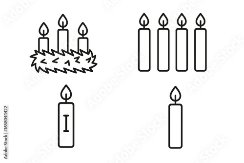 Advent wreath Christmas icon set. Outline vector illustration of four advent candles. First sunday of advent. Christian holiday symbol for celebration. Religious tradition.