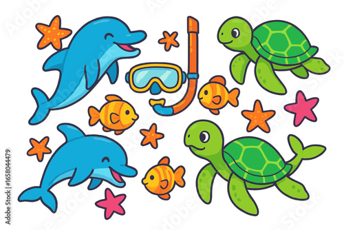 Playful ocean animal collection. Cute dolphin, turtle, and fish characters with starfish and snorkel mask. Summer sea life cartoon vector illustration set for children's party.