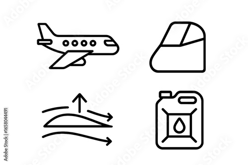 Aerospace icon set. Aviation and flight symbols. Airplane, aircraft cockpit, aerodynamic wing lift, and fuel canister. Outline vector graphic for transport and technology.