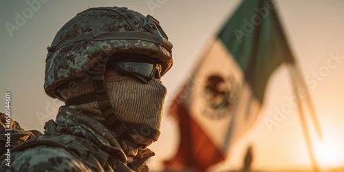A soldier in camouflage stands resolutely in front of the Mexican flag, symbolizing duty and national pride. The image conveys strength, honor, and patriotism.
