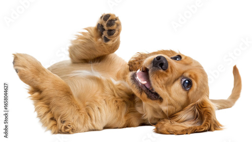 High-resolution studio photograph of a cute golden cocker spaniel puppy lying on its back, playful and happy expression with wide eyes and open mouth