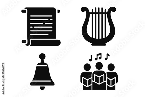 Christian music glyph icon set. Early church hymn and worship symbols. Ancient scroll, lyre harp, hand bell and choir singing. Religious song and praise vector icons.