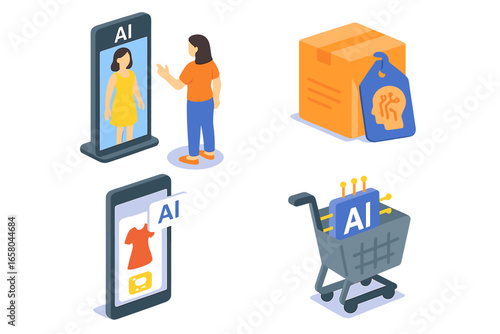 AI in retail and e-commerce isometric icon set. Virtual try-on mirror, personalized product, smart shopping cart, online store. Future of shopping technology vector.