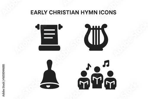 Early Christian hymn solid icon set. Ancient scroll, lyre, handbell, choir singing. Vector glyphs for religious concepts, sacred music, praise, gospel, worship, biblical era.