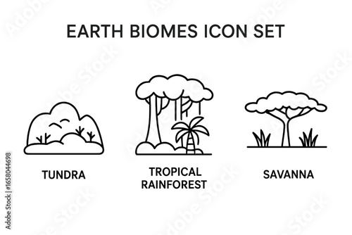 Earth biomes outline icon set. Tundra, tropical rainforest, and savanna ecosystems. Minimalist line art of nature habitats. Vector symbols for geography and environment concept.