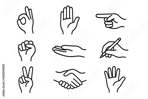 Hand gestures line icon set. Minimalist vector collection of hands showing ok, peace, fist, pointing finger, writing, and handshake. Communication and business concept signs.