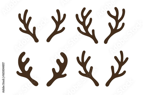 Set of reindeer antlers. Christmas design element. Vector silhouette collection. Holiday festive decoration. Brown deer horns icon. Fun photo booth prop. Xmas costume accessory.