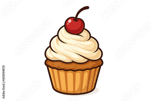 Vector cartoon cupcake with creamy frosting and a cherry on top. Sweet dessert food icon for bakery, party, or celebration. Isolated muffin pastry graphic illustration.