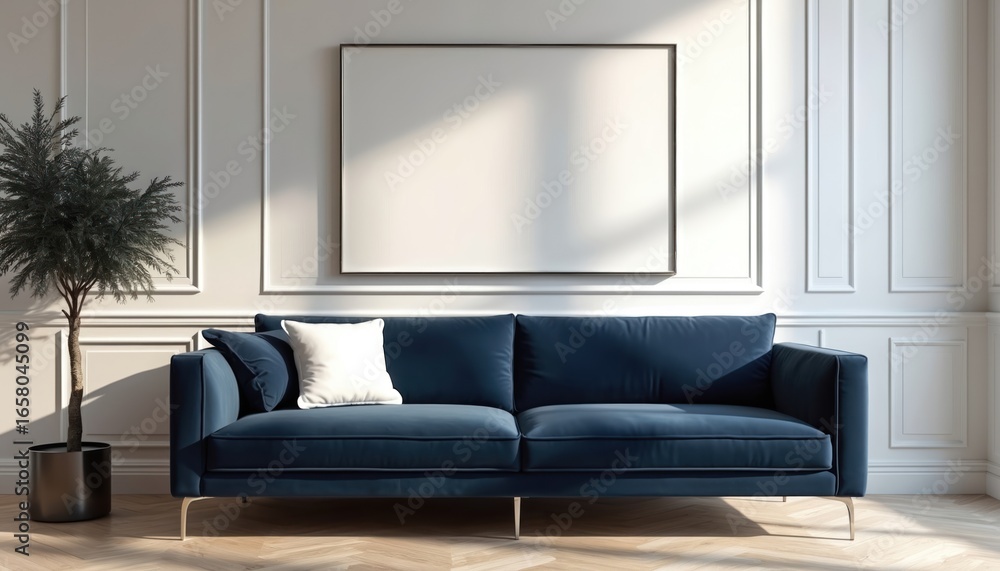 Fototapeta premium Minimalist living room features sleek navy blue sofa and white empty frame on wall. Classic paneled wall design, wooden floor adds sophistication. A stylish plant in pot enhances decor.