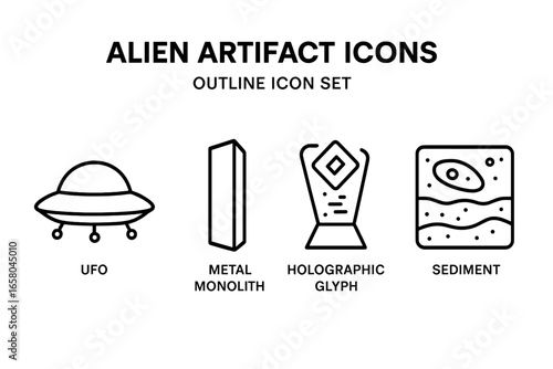 Alien artifact outline icon set. Vector collection of extraterrestrial objects for sci-fi concepts. Includes UFO, metal monolith, holographic glyph, and ancient sediment.