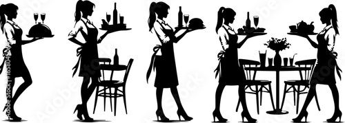 Vector sketch illustration collection of silhouette sketches of elegant female waitress designs in star-rated hotel restaurants