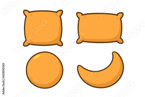 Set of cute cartoon cushions of different shapes. Vector illustration of square, round, and moon-shaped pillows. Home decor furniture element for comfort, rest, and sleep.