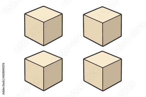 Set of four isometric 3D cubes. Simple geometric shapes. Minimalist vector illustration of building blocks or boxes. Perspective view concept for design, logo or abstract pattern.