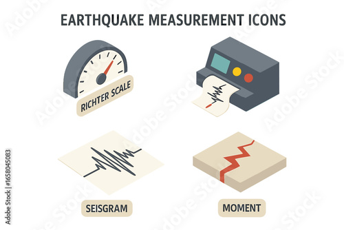 Earthquake measurement isometric icon set. Seismology and geology concept. Richter scale gauge, seismograph, seismogram, fault line. Natural disaster seismic activity vector.