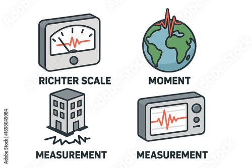 Isometric earthquake icon set. Vector symbols for seismology, geology and natural disasters. Richter scale, moment magnitude, seismogram, building tremor vector illustration.