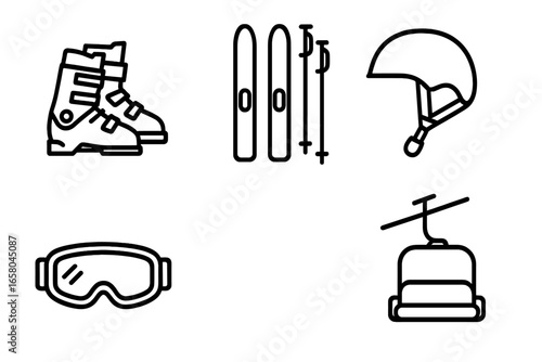 Alpine skiing and winter sport outline icon set. Collection of linear vector symbols including skis, boots, poles, helmet, goggles and chairlift for mountain resort.