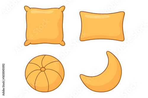 Cartoon cushion set with various shapes. Yellow pillows for home decor. Vector icons of square, round, and crescent moon pillows for interior design, comfort, sleep and coziness.