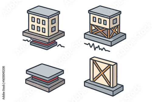 Earthquake-resistant building icon set. Isometric vector illustration of seismic engineering design, base isolator pad, shear wall structure. Civil engineering safety concept.