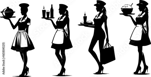 Vector sketch illustration collection of silhouette sketches of elegant female waitress designs in star-rated hotel restaurants