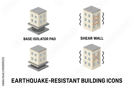 Earthquake-resistant building icons. Isometric vector set of seismic safety engineering, base isolator pad, shear wall for structural stability. Architecture infographic element.