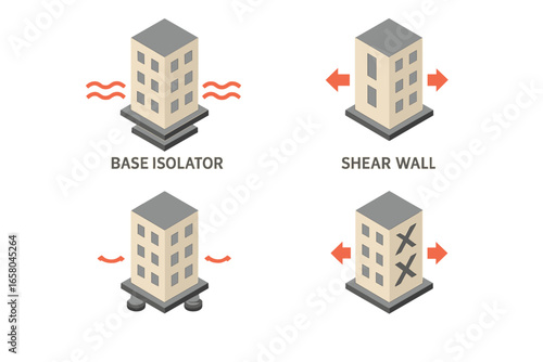 Isometric icon set of earthquake-resistant building design. Vector illustration of seismic protection technology, base isolator pad, shear wall, and structural engineering safety.