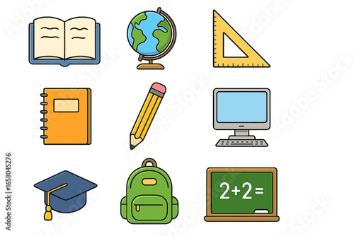 Education icons set. Back to school. Learning materials, classroom tools for students. Study, knowledge concept. Vector book, globe, ruler, computer, graduation cap, backpack.
