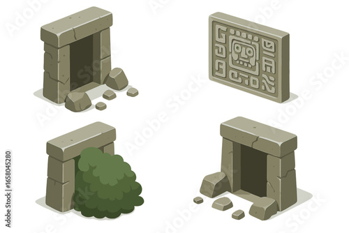 Ancient ruins isometric icon set. Vector game assets of secret passage, crumbling stone door, carved glyph panel. Hidden jungle temple entrance for adventure, mystery concept.