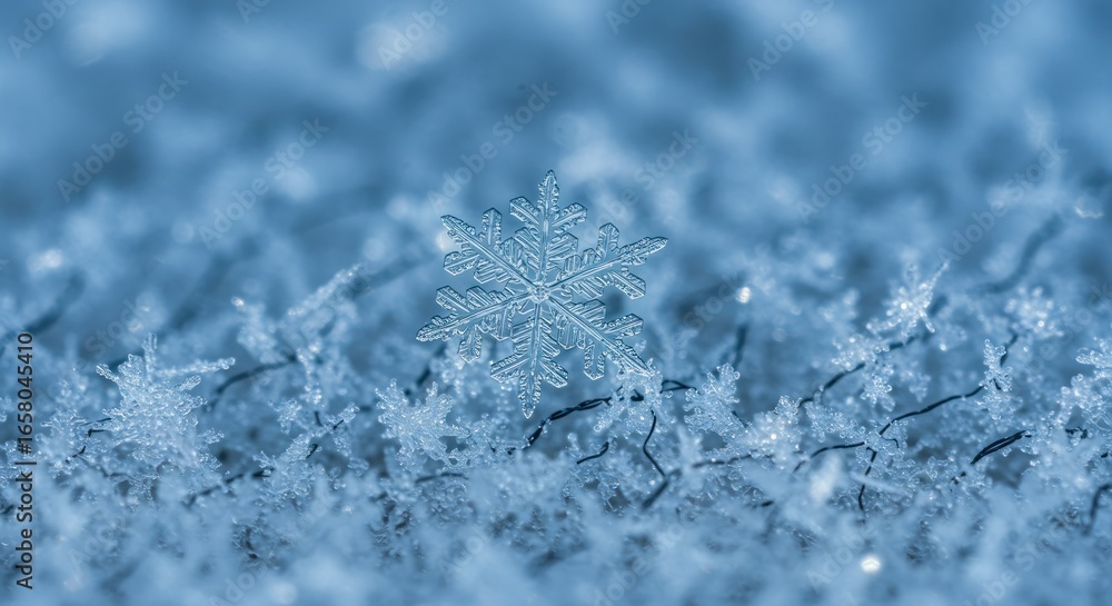 Fototapeta premium A single, intricately detailed snowflake rests on a bed of smaller, frost-covered crystals; the image features a cool, blue tone and shallow depth of field