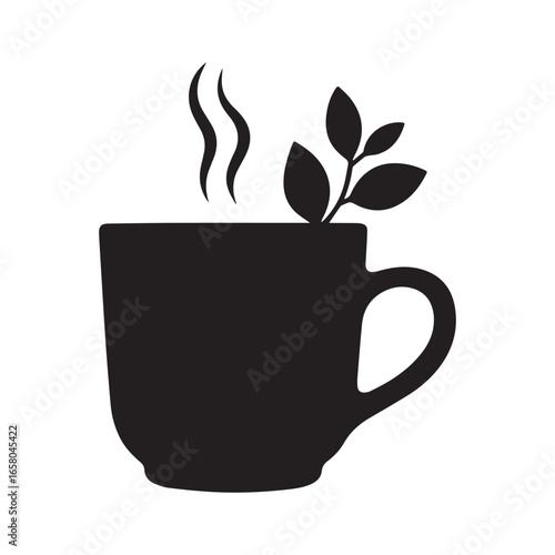  Silhouette of a steaming cup of herbal tea, with simple leaves as garnish, smooth outlines white Background.
